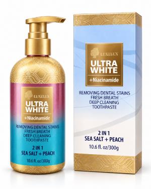 LUXELUX Ultra White Wybielająca Pasta do Z ę bów 2w1 Sól Morska + Brzoskwinia 300 g 2 In 1 Ultra